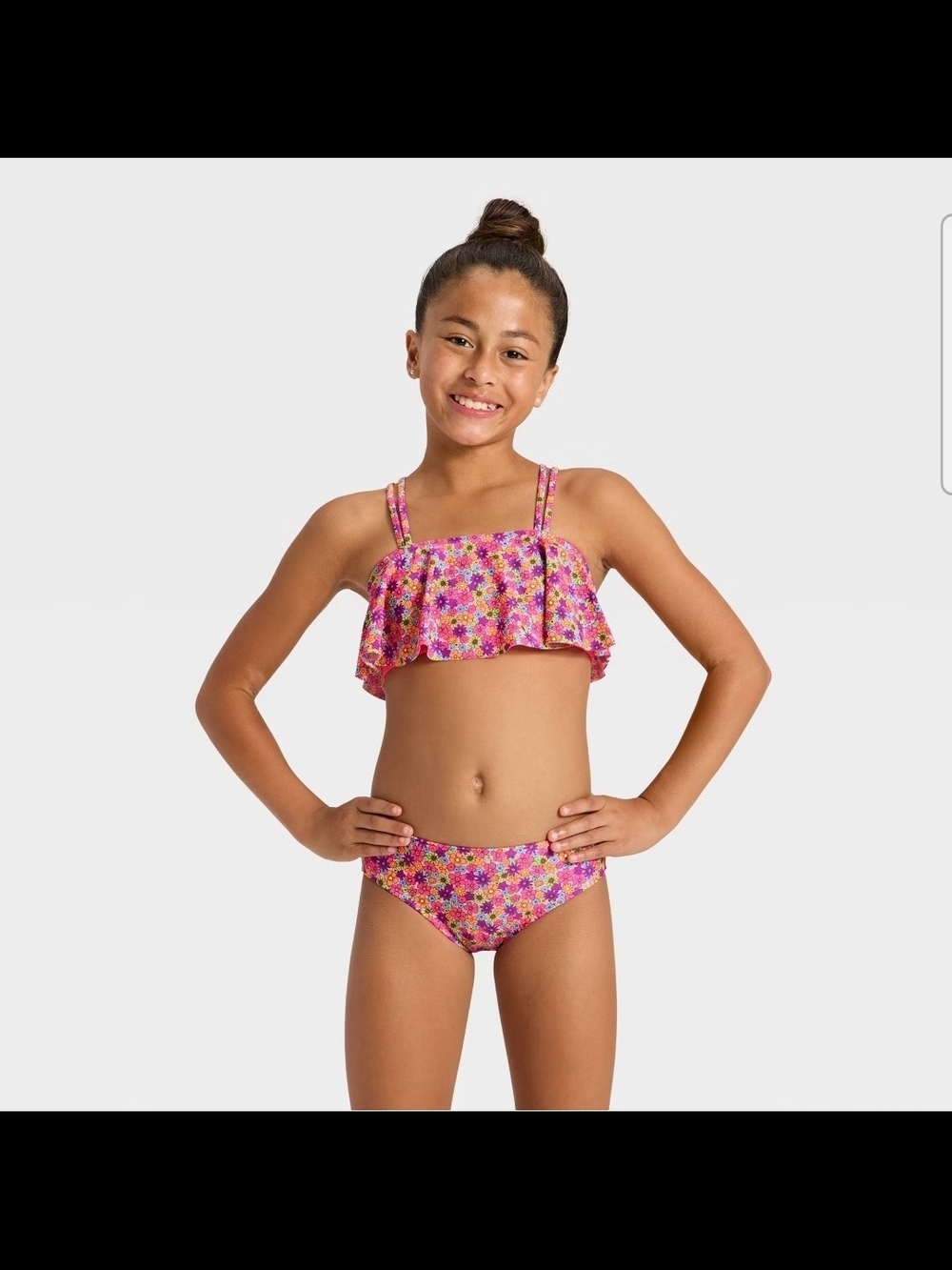 Girls' Pink Floral Ruffle Bikini Top and Bottom Set